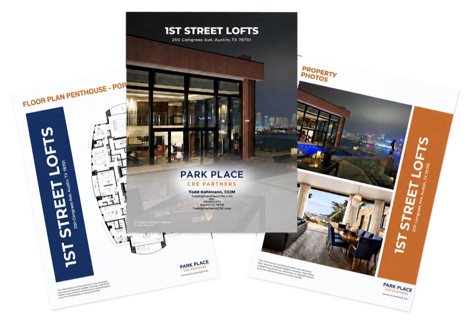 A sample offering memorandum cover with its floor plan and property photo pages